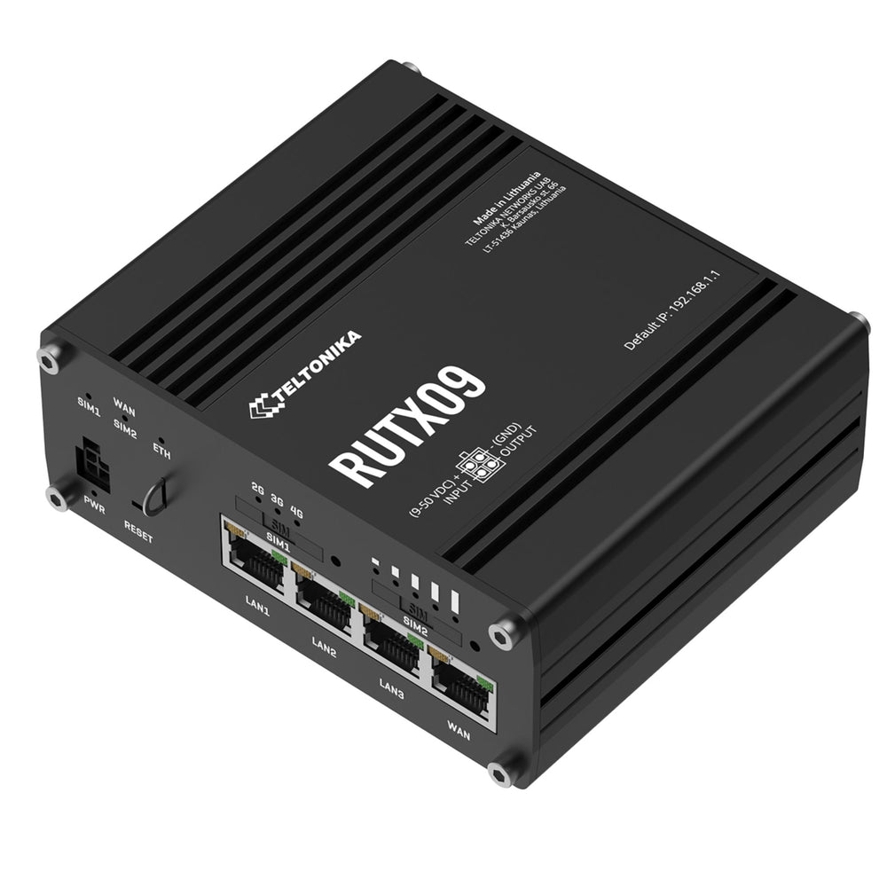MSDist Teltonika RUTX09 Industrial Cellular Router Top Angle Ethernet Power