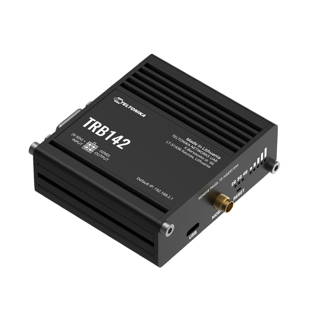 MSDist Teltonika TRB142 Industrial Rugged LTE RS232 Gateway Top Angle SMA Connector USB-Micro