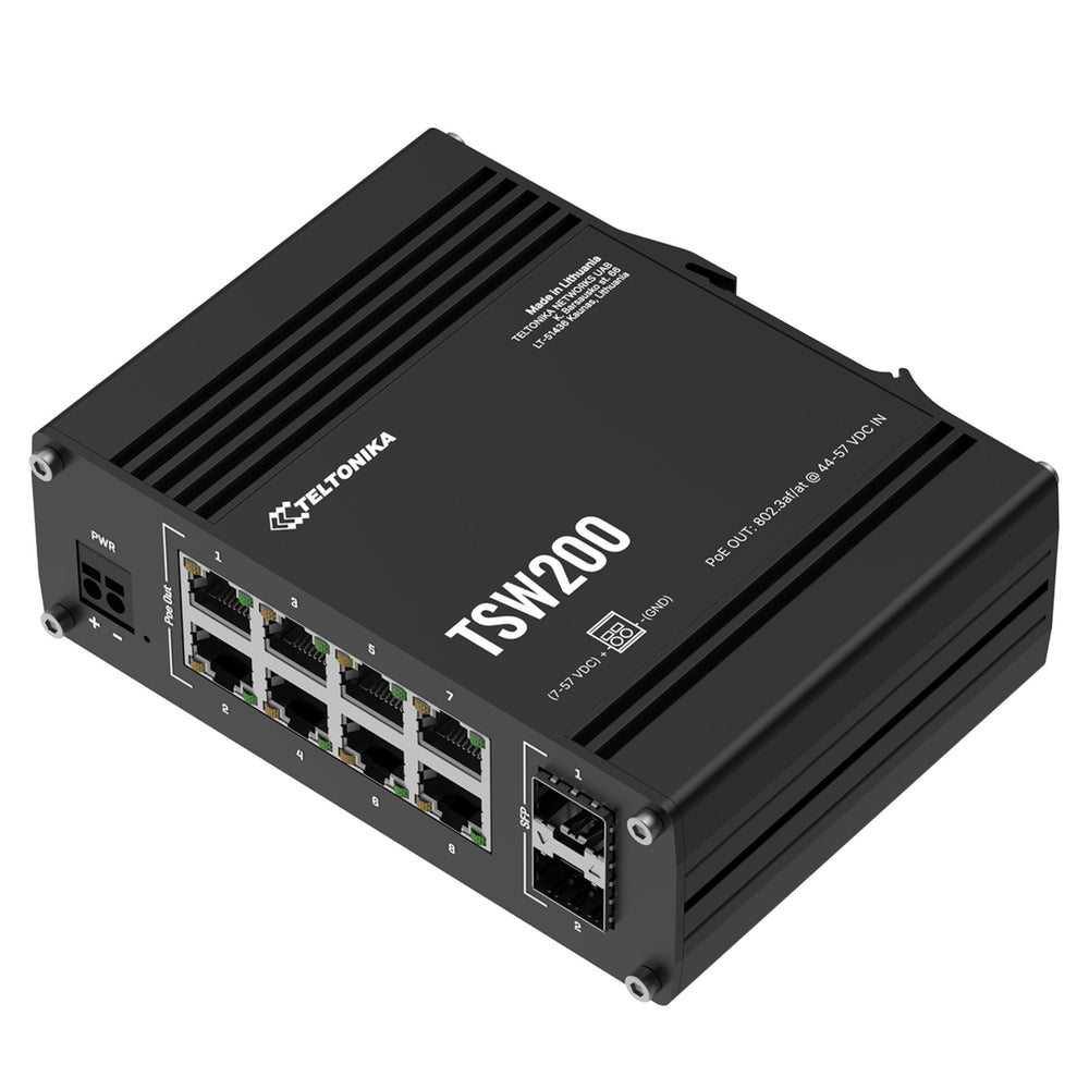 MSDist Teltonika TSW200 Industrial PoE+ Ethernet Switch Top Angle SFP Ethernet Power