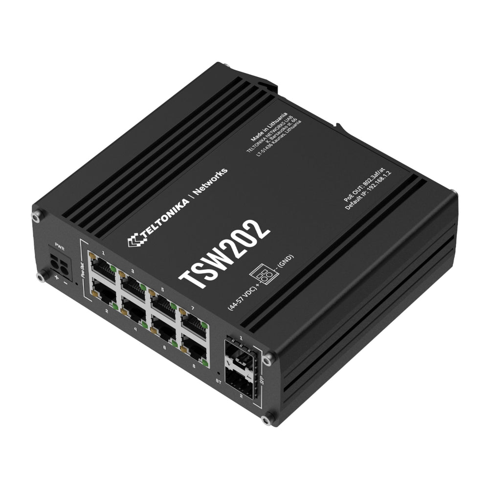 MSDist Teltonika TSW202 Managed PoE+ Ethernet Switch Top Angle SFP Ethernet Power
